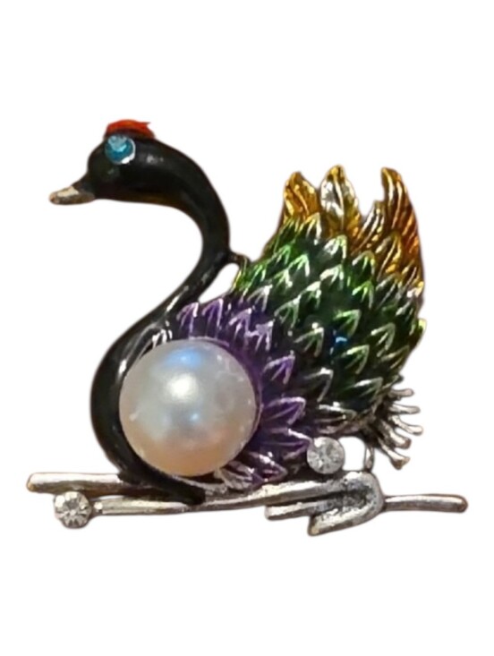 Jewelry - Vintage Black Swan Brooch Pin Multicolor Enamel Faux Pearl Bird Statement